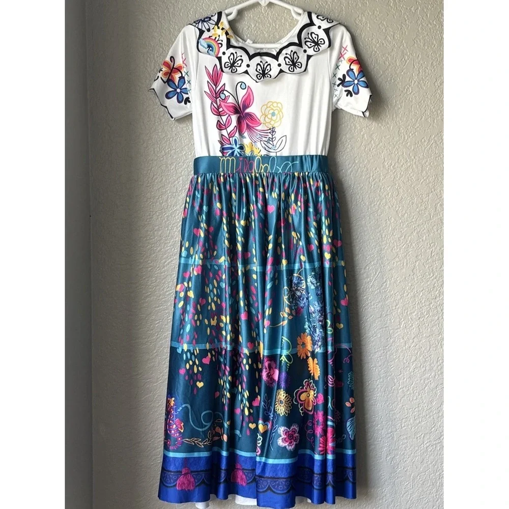 Girls Encanto Mirabel Columbian Senorita Ethnic Long Dress Costume Teal 6/7(130)